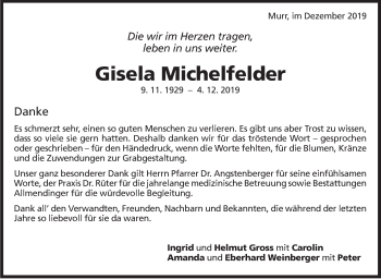 Traueranzeige von Gisela Michelfelder von Marbacher Zeitung