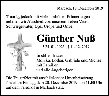 Traueranzeige von Günther Nuß von Marbacher Zeitung
