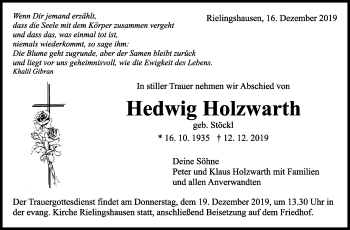 Traueranzeige von Hedwig Holzwarth von Marbacher Zeitung