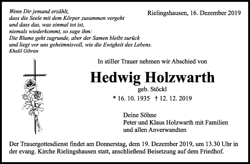  Traueranzeige für Hedwig Holzwarth vom 16.12.2019 aus Marbacher Zeitung