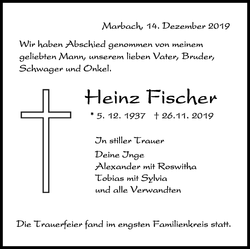  Traueranzeige für Heinz Fischer vom 14.12.2019 aus Marbacher Zeitung