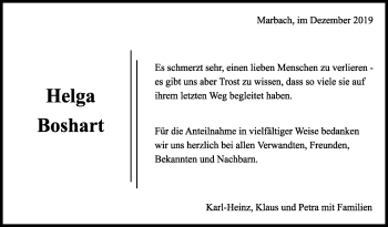 Traueranzeige von Helga Boshart von Marbacher Zeitung