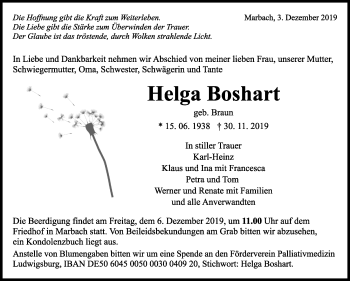 Traueranzeige von Helga Boshart von Marbacher Zeitung