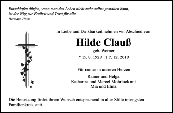 Traueranzeige von Hilde Clauß von Marbacher Zeitung