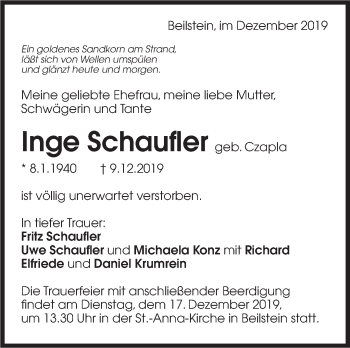 Traueranzeige von Inge Schaufler von Marbacher Zeitung