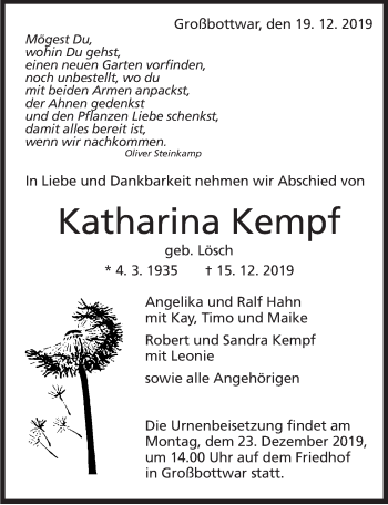 Traueranzeige von Katharina Kempf von Marbacher Zeitung