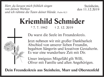 Traueranzeige von Kriemhild Schmider von Marbacher Zeitung
