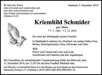 Traueranzeige von Kriemhild Schmider von Marbacher Zeitung