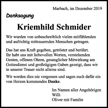 Traueranzeige von Kriemhild Schmider von Marbacher Zeitung