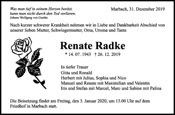 Traueranzeige von Renate Radke von Marbacher Zeitung