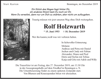 Traueranzeige von Rolf Holzwarth von Marbacher Zeitung