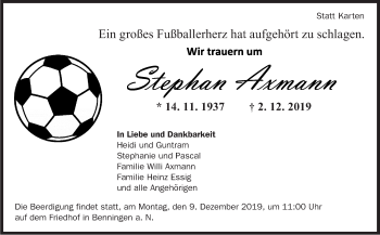 Traueranzeige von Stephan Axmann von Marbacher Zeitung