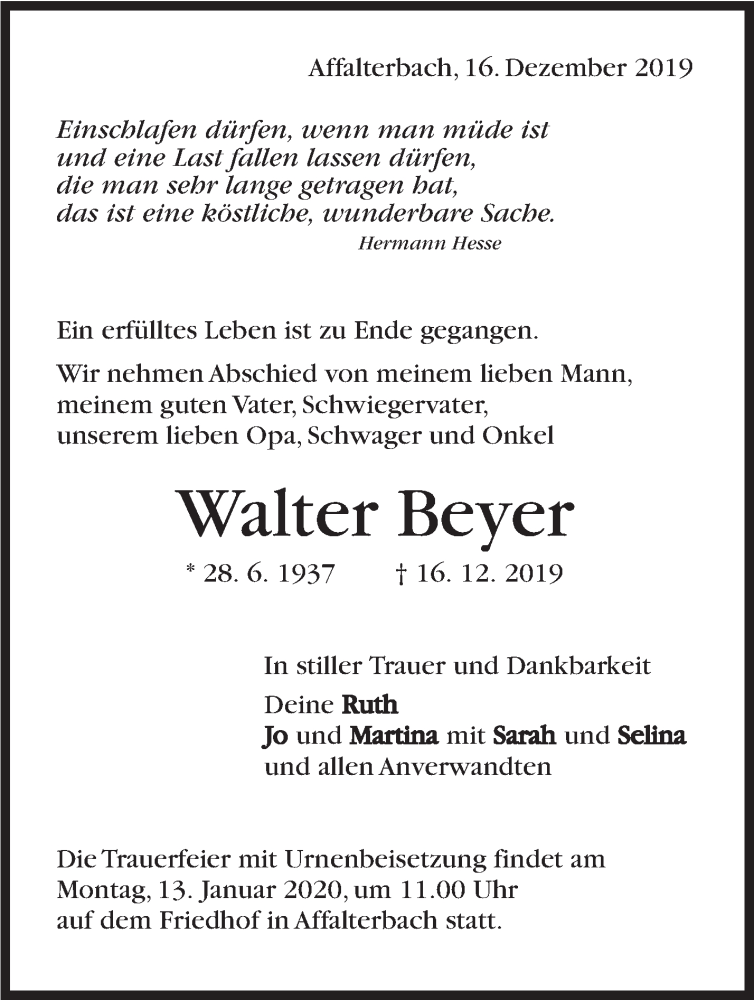  Traueranzeige für Walter Beyer vom 28.12.2019 aus Marbacher Zeitung