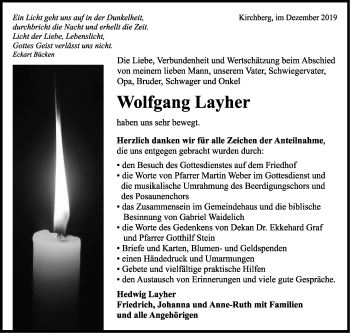Traueranzeige von Wolfgang Layher von Marbacher Zeitung