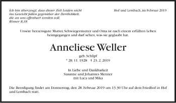Traueranzeige von Anneliese Weller von Marbacher Zeitung
