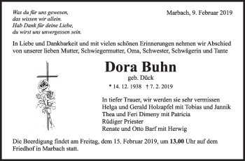 Traueranzeige von Dora Buhn von Marbacher Zeitung