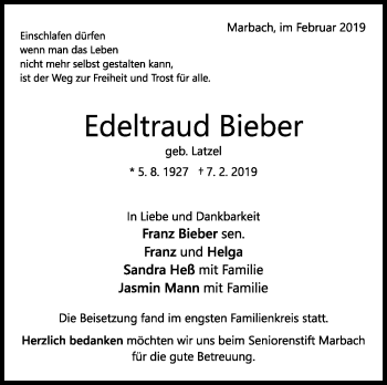Traueranzeige von Edeltraud Bieber von Marbacher Zeitung