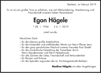 Traueranzeige von Egon Hägele von Marbacher Zeitung