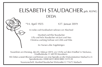 Traueranzeige von Elisabeth Staudacher von Marbacher Zeitung