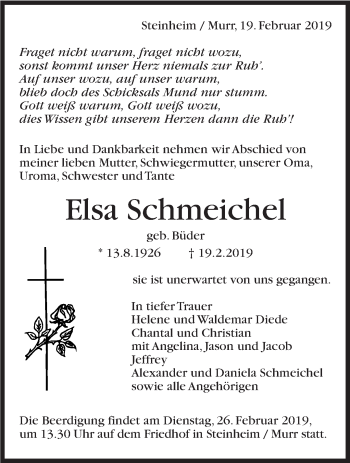 Traueranzeige von Elsa Schmeichel von Marbacher Zeitung