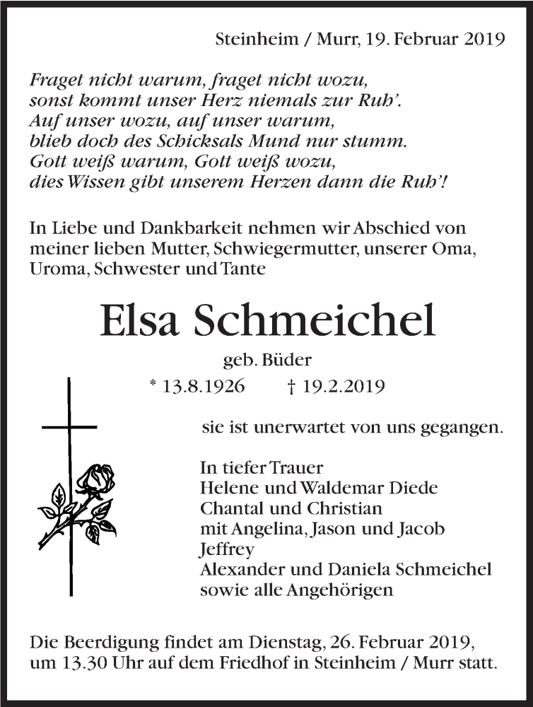  Traueranzeige für Elsa Schmeichel vom 23.02.2019 aus Marbacher Zeitung