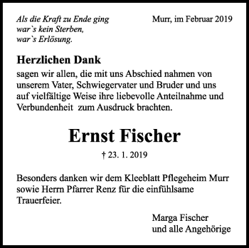 Traueranzeige von Ernst Fischer von Marbacher Zeitung