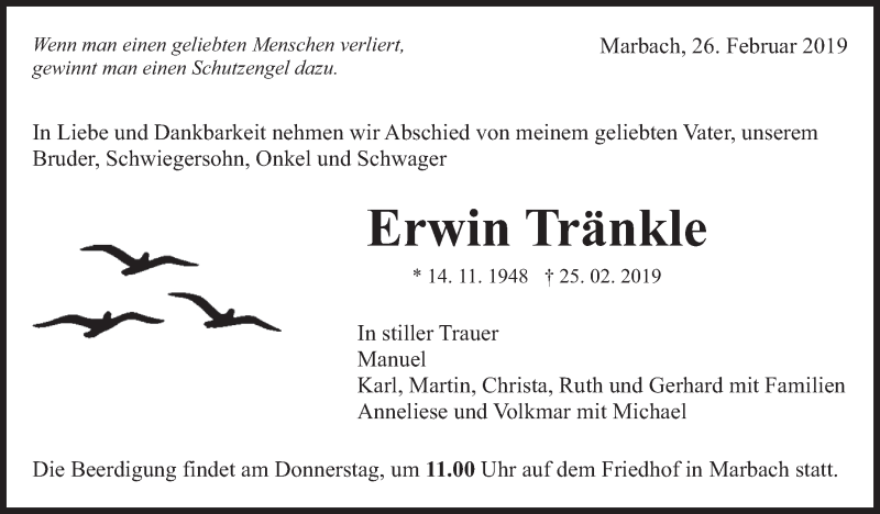  Traueranzeige für Erwin Tränkle vom 26.02.2019 aus Marbacher Zeitung