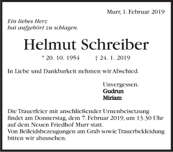 Traueranzeige von Helmut Schreiber von Marbacher Zeitung