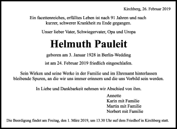 Traueranzeige von Helmuth Pauleit von Marbacher Zeitung