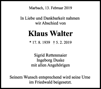 Traueranzeige von Klaus Walter von Marbacher Zeitung
