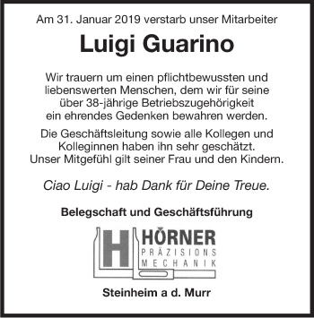 Traueranzeige von Luigi Guarino von Marbacher Zeitung