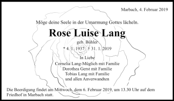 Traueranzeige von Luise Lang von Marbacher Zeitung