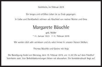 Traueranzeige von Margarete Bäuchle von Marbacher Zeitung