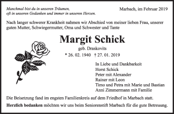 Traueranzeige von Margit Schick von Marbacher Zeitung