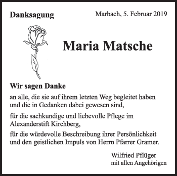 Traueranzeige von Maria Matsche von Marbacher Zeitung