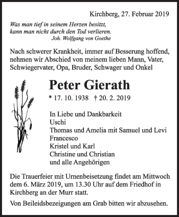 Traueranzeige von Peter Gierath von Marbacher Zeitung