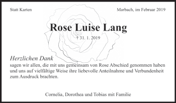 Traueranzeige von Rose Luise Lang von Marbacher Zeitung