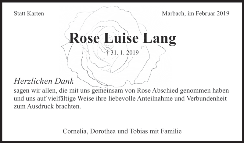  Traueranzeige für Rose Luise Lang vom 23.02.2019 aus Marbacher Zeitung
