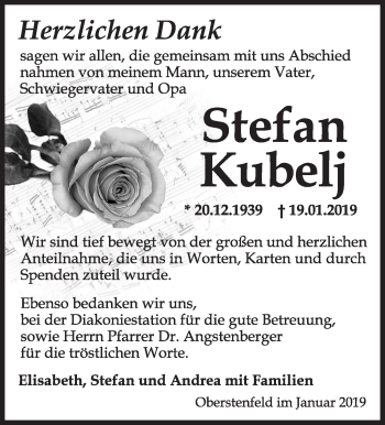 Traueranzeige von Stefan Kubelj von Marbacher Zeitung
