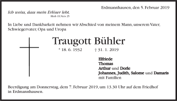 Traueranzeige von Traugott Bühler von Marbacher Zeitung