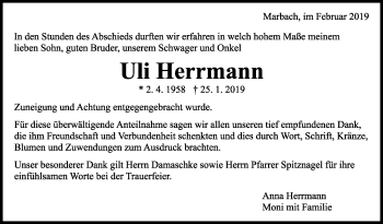 Traueranzeige von Ulrich Herrmann von Marbacher Zeitung