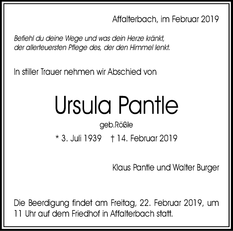  Traueranzeige für Ursula Pantle vom 18.02.2019 aus Marbacher Zeitung