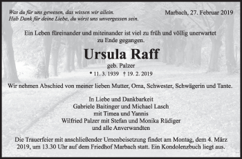 Traueranzeige von Ursula Raff von Marbacher Zeitung