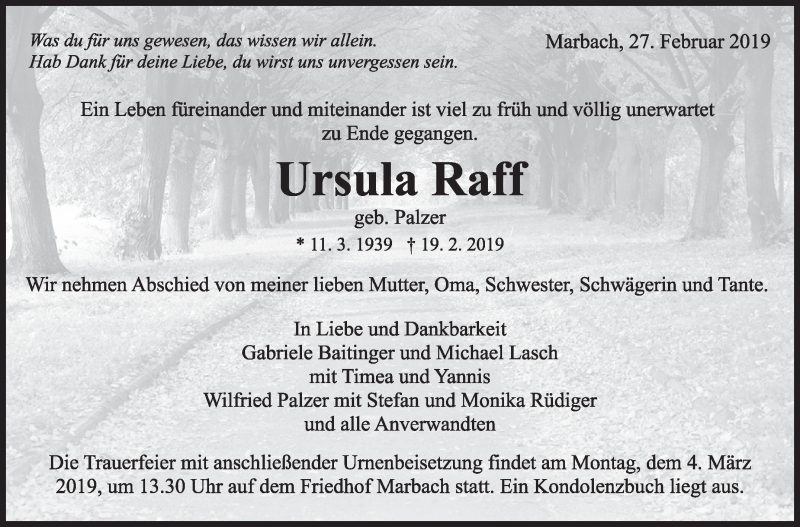  Traueranzeige für Ursula Raff vom 27.02.2019 aus Marbacher Zeitung