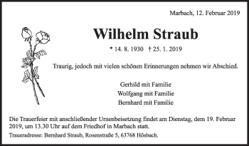 Traueranzeige von Wilhelm Straub von Marbacher Zeitung