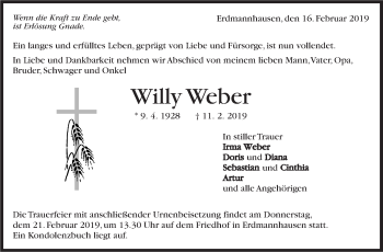 Traueranzeige von Willy Weber von Marbacher Zeitung