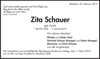 Traueranzeige von Zita Schauer von Marbacher Zeitung