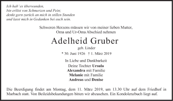 Traueranzeige von Adelheid Gruber von Marbacher Zeitung