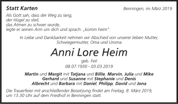 Traueranzeige von Anni Lore Heim von Marbacher Zeitung