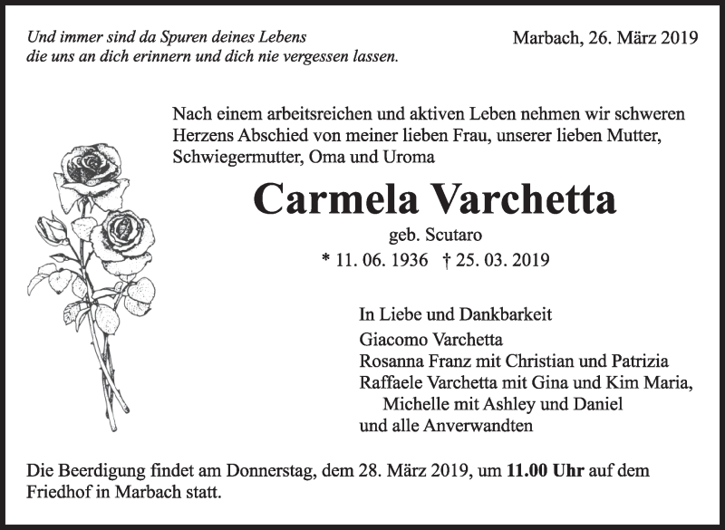  Traueranzeige für Carmela Varchetta vom 26.03.2019 aus Marbacher Zeitung